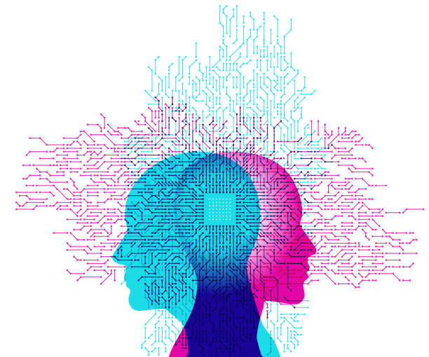 artificial intelligence A powerful stylised computer processor and circuit link detail placed overlapping a silhouetted male and female side profile placed back to back. linguistics stock illustrations