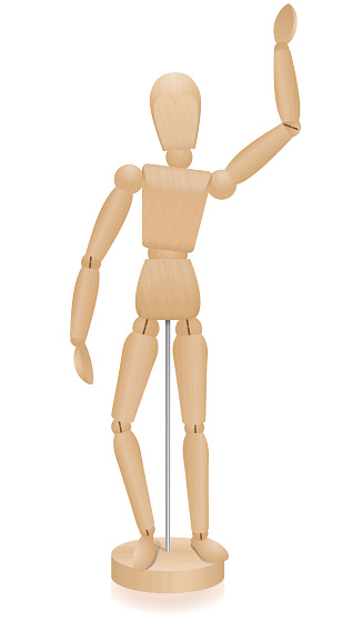 Artist manikin - waving lay figure - three-dimensional mannequin with realistic wood grain. Isolated vector illustration over white background.
