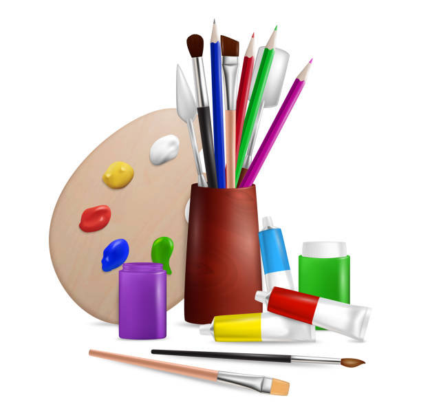 Artist palette with art tools and supplies, vector illustration Artist palette with tools for painting, vector illustration. Realistic brushes, paint tubes, knives and pencils on white background. Art supplies composition for poster, banner, card etc. tempera painting stock illustrations