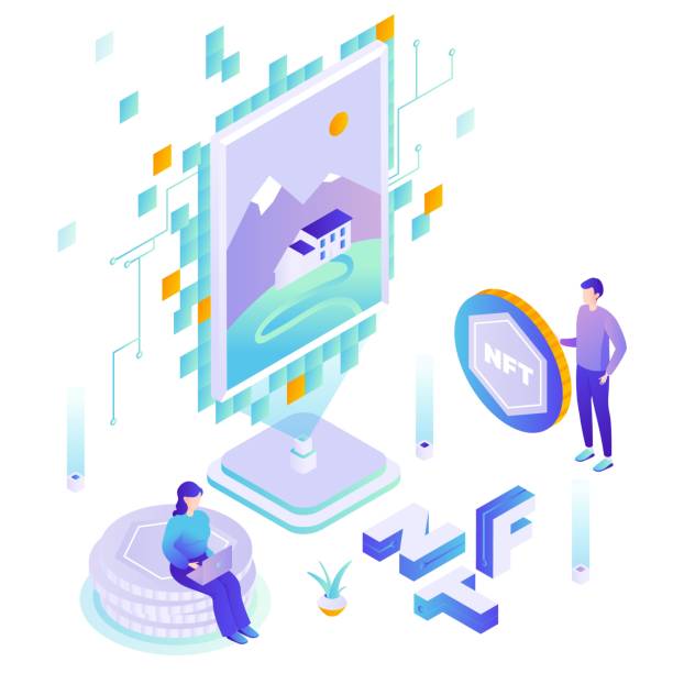 Artist selling nft tokens for cryptocurrency, vector isometric illustration. Digital crypto art. Non-fungible token. vector art illustration