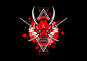 editable vector illustration of an artistic geometric Japanese hannya demon oni mask with katana sword.