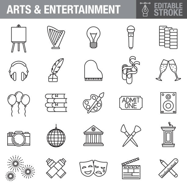 Arts and Entertainment Editable Stroke Icon Set A set of editable stroke thin line icons. File is built in the CMYK color space for optimal printing. The strokes are 2pt and fully editable: Make sure that you set your preferences to ‘Scale strokes and effects’ if you plan on resizing! music and entertainment icons stock illustrations