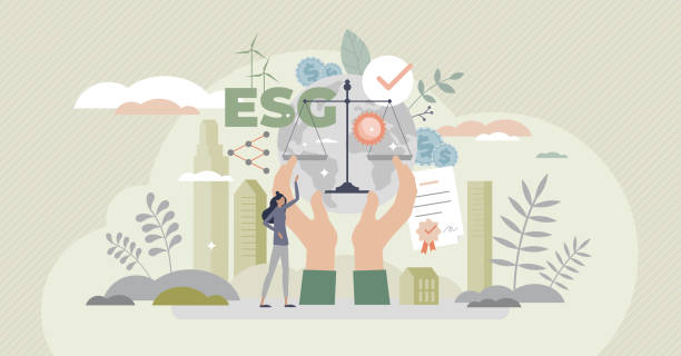 ESG as environmental social governance business model tiny person concept ESG as environmental social governance business model tiny person concept. Sustainable and green company resources usage commitment with responsible attitude to nature and future vector illustration. esg stock illustrations