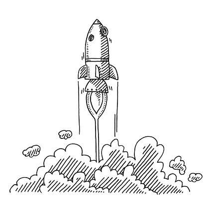 Hand-drawn vector drawing of an Ascending Rocket, a Metaphor for a Startup Company. Black-and-White sketch on a transparent background (.eps-file). Included files are EPS (v10) and Hi-Res JPG.