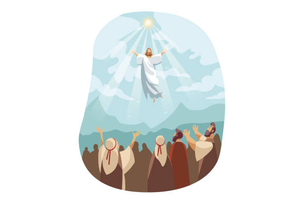 Ascension of Jesus Christ, Bible concept Ascension of Jesus Christ, Bible concept. Illustration of resurrection Jesus Christ. Sacrifice of Messiah for humanity redemption. Miraculous ascension of son of god in cartoon style. Vector flat jesus christ stock illustrations