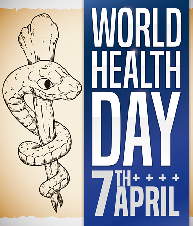 Asclepius Staff Draw in a Scroll Promoting World Health Day
