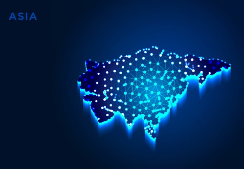 Asia Continent in Blue Silhouette, Abstract Low poly Designs, from line and dot wireframe, Vector Illustration