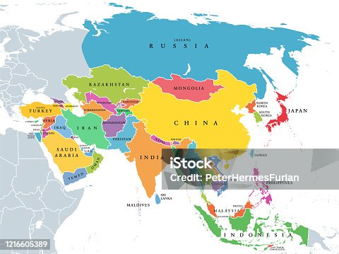 istock Asia, continent, main regions, political map with subregions 1216605389
