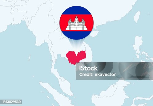 istock Asia with selected Cambodia map and Cambodia flag icon. 1413829530