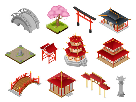 Asian building construction isometric set vector illustration traditional oriental house, bridge