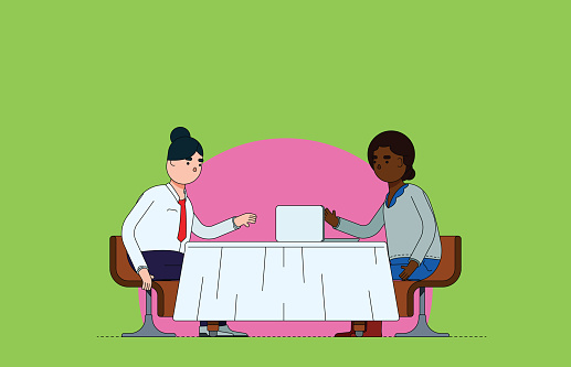 Asian businesswoman and African American businesswoman attending a casual business meeting at a restaurant. Colorful illustration with flat design and bright green and pink background.