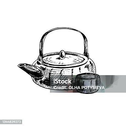 istock Asian ceramic teapot and cup. Vintage vector hatching illustration 1344839273