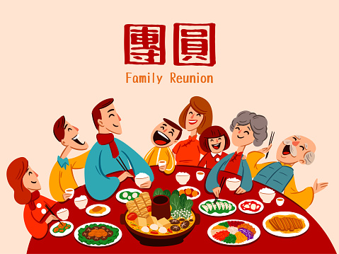 Asian Chinese festival family reunion dinner on plain background. Translation - reunion.