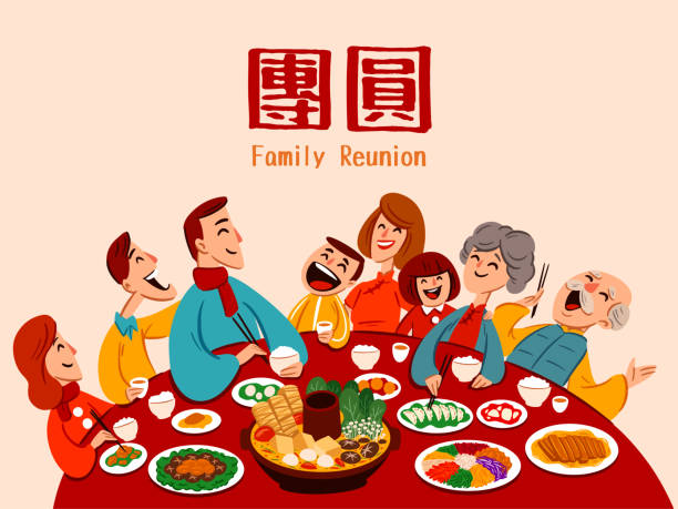 bildbanksillustrationer, clip art samt tecknat material och ikoner med asiatiska kinesiska festivalen familjeåterförening middag på vanlig bakgrund. översättning - återförening. - family dinner