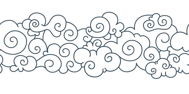 Asian cloud pattern. Chinese japanese oriental border hand drawn tibetan sky ornament elements. Vector decorative curly clouds Asian cloud pattern. Chinese japanese oriental border hand drawn tibetan sky ornament elements. Vector decorative vintage curly clouds tibetan culture stock illustrations