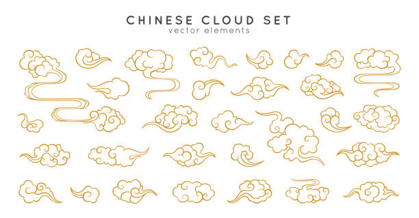 Asian cloud set. Traditional cloudy ornaments in chinese, korean and japanese oriental style.  Set of vector decoration retro elements. Sky collection isolated on white background. Asian cloud set. Traditional cloudy ornaments in chinese, korean and japanese oriental style.  Set of vector decoration retro elements. Sky collection isolated on white background. chinese culture stock illustrations