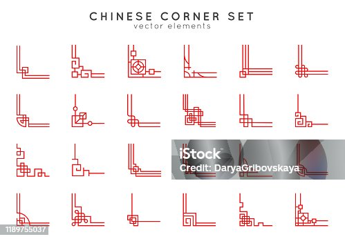 istock Asian corner set in vintage style on white background. Traditional chinese ornaments for your design. Vector red japanese elements. 1189755037