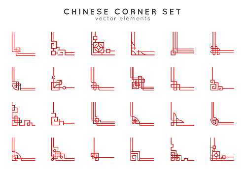 Asian corner set in vintage style on white background. Traditional chinese ornaments for your design. Vector red japanese elements. Artwork graphic, asian culture decoration