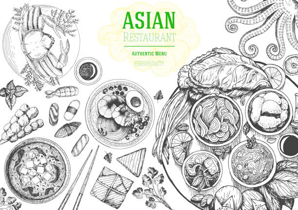 asiatische küche-ansicht von oben-frame. essen-menü-design mit nudeln, miso suppe, sushi und traditionelle gerichte. vintage handgezeichnete skizze vektor-illustration. - asiatischer koch stock-grafiken, -clipart, -cartoons und -symbole