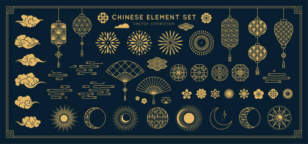 ilustraciones, imágenes clip art, dibujos animados e iconos de stock de conjunto de elementos de diseño asiático. colección decorativa vectorial de patrones, linternas, flores, nubes, adornos en estilo chino y japonés. - china