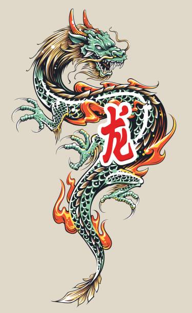 Asian Dragon Tattoo Color asian dragon tattoo Illustration. Dragon with fire and hieroglyph. Vector art. dragon stock illustrations