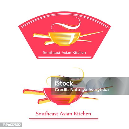 istock Asian food symbol. Asian cuisine, fast food restaurant. A bowl of chopsticks on a red badge. 1414632802