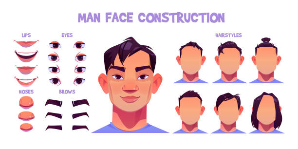 Asian man face construction, avatar creation set Asian man face construction, avatar creation with head parts isolated onwhite background. Vector cartoon set of male character eyes, noses, hairstyles, brows and lips. Skin pack for face generator characters illustrations stock illustrations