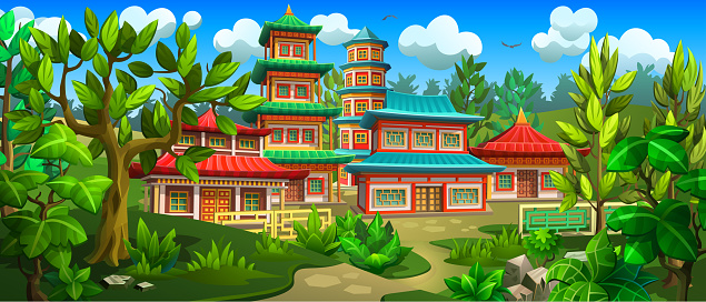 Asian national houses, temples, towers and pagodas with colorful roofs.