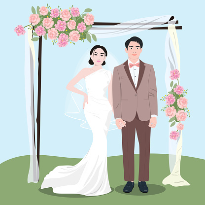 Asian newlyweds flat color vector illustration.