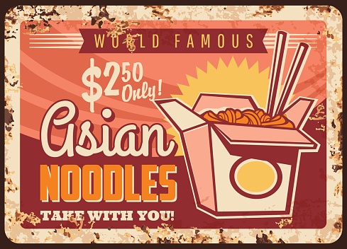 Asian noodles rusty metal plate, vector wok box
