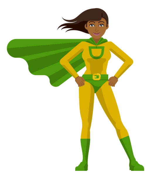 Asian Super Hero Woman Cartoon An Asian superhero cartoon mascot woman in her green and yellow super hero costume compete with cape in a flat modern cartoon style black superwoman stock illustrations