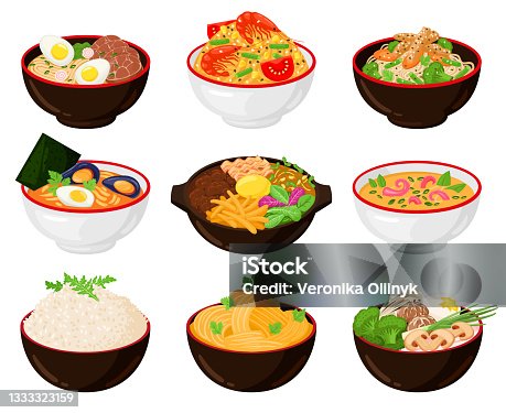 istock Asian traditional cuisine noodles, wok, soup bowls. Japanese soba, udon, ramen noodle soup bowls with chopsticks vector illustration set. Traditional korean, japanese cuisine 1333323159