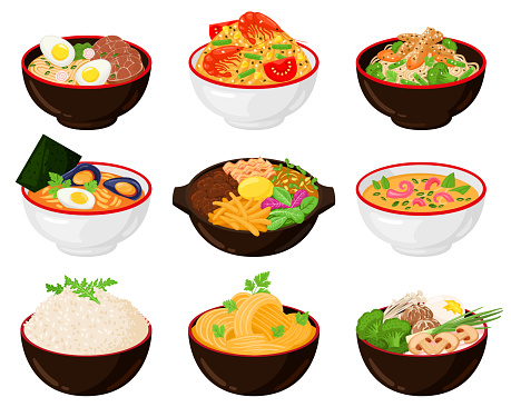 Asian traditional cuisine noodles, wok, soup bowls. Japanese soba, udon, ramen noodle soup bowls with chopsticks vector illustration set. Traditional korean, japanese cuisine
