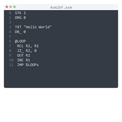 Asm2bf language Hello World program sample in editor window illustration