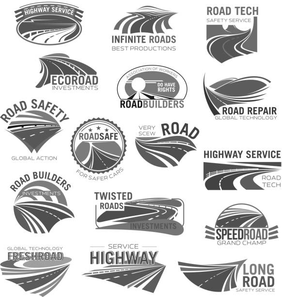 ilustraciones, imágenes clip art, dibujos animados e iconos de stock de conjunto de símbolo de asfalto carretera, autopista y velocidad autopista - road trip
