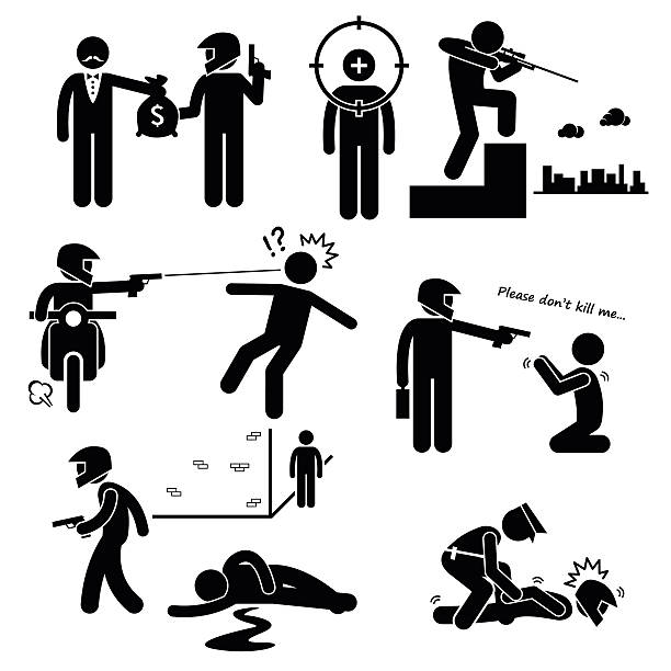 Assassination Hitman Killer Murder Gunman Stick Figure Pictogram Icons A set of human pictogram showing how a hitman or contract killer receiving money and carry out an assassination. He shoot the target with a gun and escape. However, there is a witness there and he was eventually caught by the police. murder stock illustrations