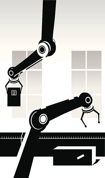 Assembly line of black robot arms vector art illustration
