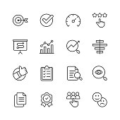 16 Assessment Outline Icons. Objective, Target, Checkmark, Performance, Review, Presentation, Chart, Diagram, Document, Testimonials, Thumb Up, A/B Test, Checklist, Badge, Emoticon.