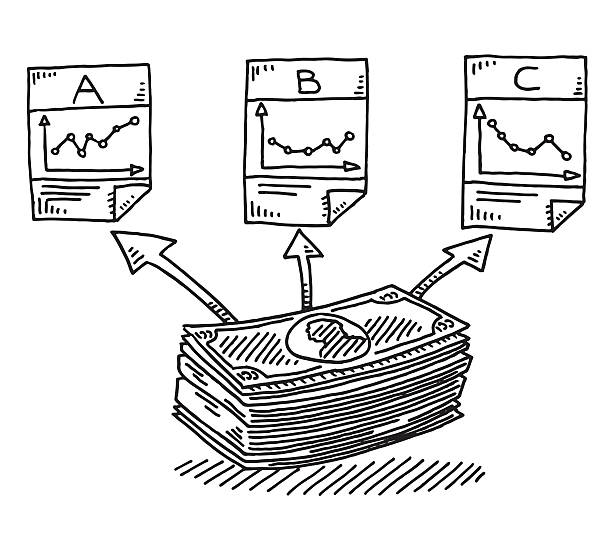 Asset Allocation Finance Investment Drawing Hand-drawn vector drawing of an Infographics for Asset Allocation of a Finance Investment, a stack of banknotes will be allocated to three different investments to reduce the risk. Black-and-White sketch on a transparent background (.eps-file). Included files are EPS (v10) and Hi-Res JPG. finance drawings stock illustrations