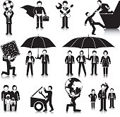 Business men and women providing Support. Based on 1970s AIGA icon designed for the US Department of Transport. This format can be blown up to any size without loss of quality. All figures are trimmed down to one one colour for simple colour changes and in some cases, the ability to overlay on top of colour for any white-out purposes.