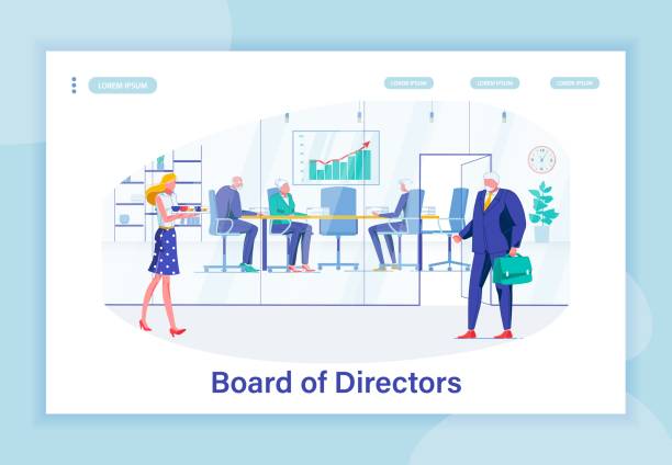 Assistant Bringing Coffee to Directors Meeting President Hurrying to Important Directors Board Meeting. Trendy Office with Glass Walls. Specious and Light Conference Room. Successful Company. Woman Assistant Bringing Coffee. Banner Template. board of directors stock illustrations