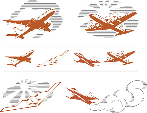 Assorted art of aircraft in flight Silhouettes of different airplanes in vintage style. Airbus A320, Douglas C-54 Skymaster, B-2 Spirit and F-16 Fighting Falcon. airplane silhouettes stock illustrations