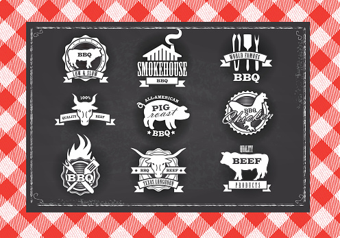 Assorted barbecue, beef, chicken and pork, labels on chalkboard background
