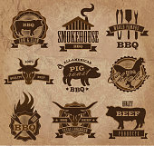 Assorted barbecue, beef, chicken and pork, labels on textured background. Includes Steer, smokehouse, bbq utensils,longhorn steer, chicken and bbq flames. On a paper bag textured background, See my portfolio for similars.