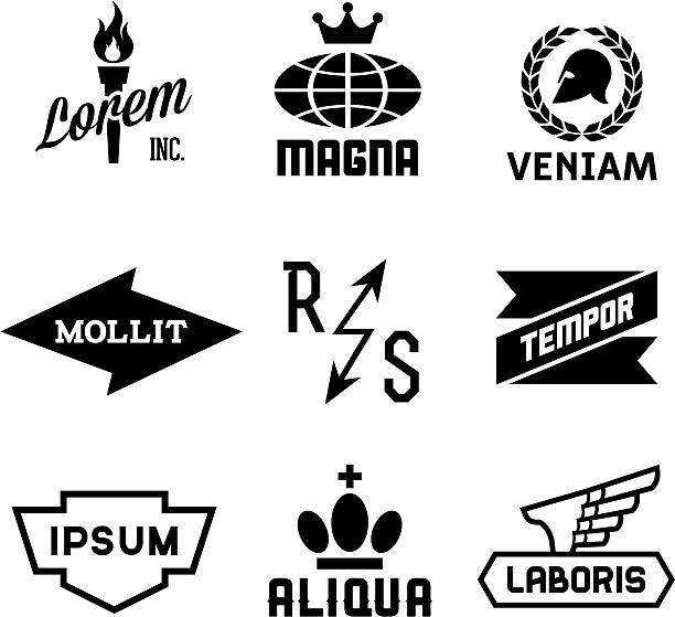 Assorted black and white vintage logos vintage labels with globe, crown, torch, wing lightning clipart stock illustrations