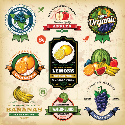 A collection of assorted vintage styled fruit labels. EPS 10 file, layered & grouped, with meshes and transparencies (shadows & overall effects only).