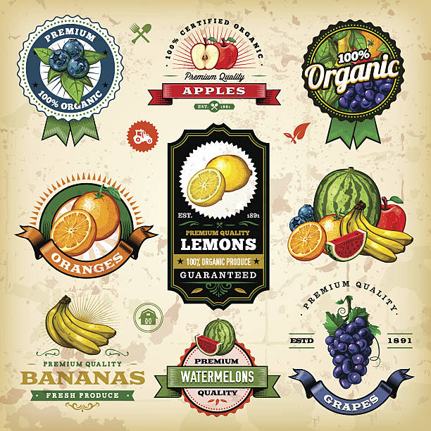 Assorted Fruit Labels A collection of assorted vintage styled fruit labels. EPS 10 file, layered & grouped, with meshes and transparencies (shadows & overall effects only). apple fruit stock illustrations
