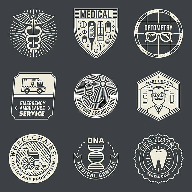 Assorted Medical Insignias Logotypes Template Set On Dark. Assorted Medical Insignias Logotypes Template Set On Dark. Line Art Vector Elements. dna silhouettes stock illustrations