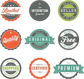 A set of nine vintage-inspired sales stickers or labels, featuring retro typography and a fun bright color palette. Download includes a CMYK AI10 EPS vector file as well as a high resolution JPEG (sized a minimum of 1900 x 2800 pixels).