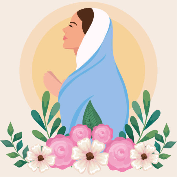 illustrazioni stock, clip art, cartoni animati e icone di tendenza di assunzione di maria che prega con i fiori - ferragosto